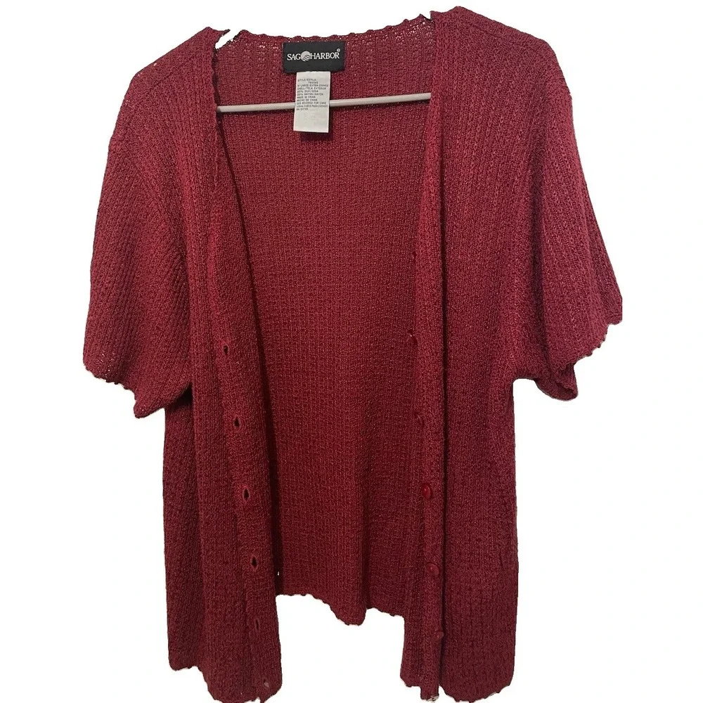 Sag Harbor XL Silk Rayon Cardigan Red Short Sleeve Button Front Knit Sweater